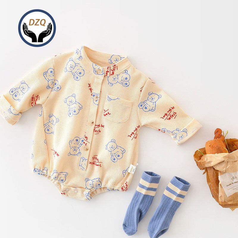 2022 babybodys für frühling und sommer, waffelpiqué, jungenkleidung, langarm, bärenmuster, kleinkind-oberbekleidung