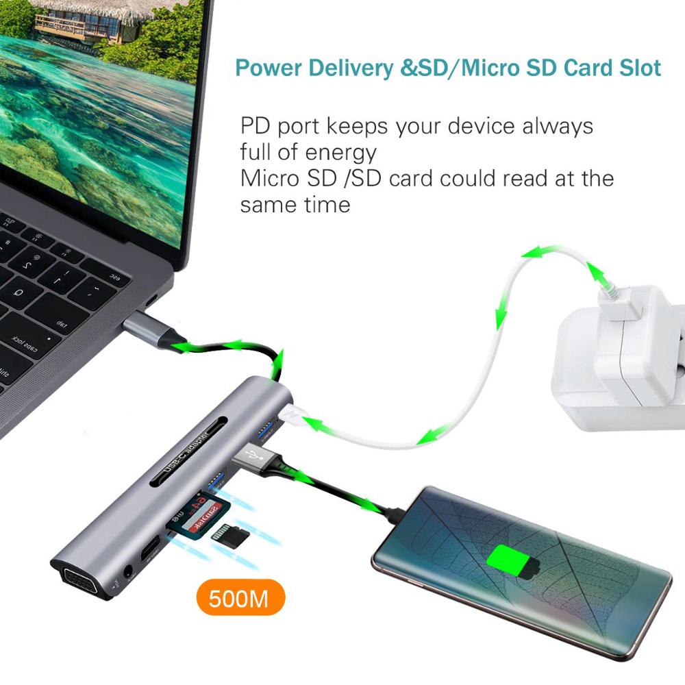 Goojodoq 9 porte usb c hub til hdmi vga rj45 gigabit ethernet strømadapter dock pd oplader til macbook pro air multi type c hub