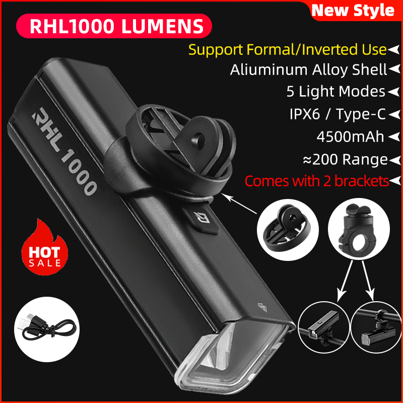 ROCKBROS Bicycle Light 1000LMType-C Charging Waterproof Bike Light Front Lamp Rechargeable Cycling Headlight Aluminum Flashlight: green