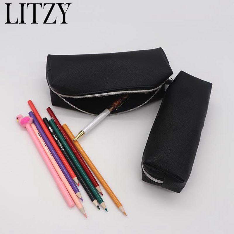 Black Big Pencil Case For Boys Girls Cute Big Capacity Zipper Pencil Box School Supplies Leather PU Pencil Case Cosmetic Bag