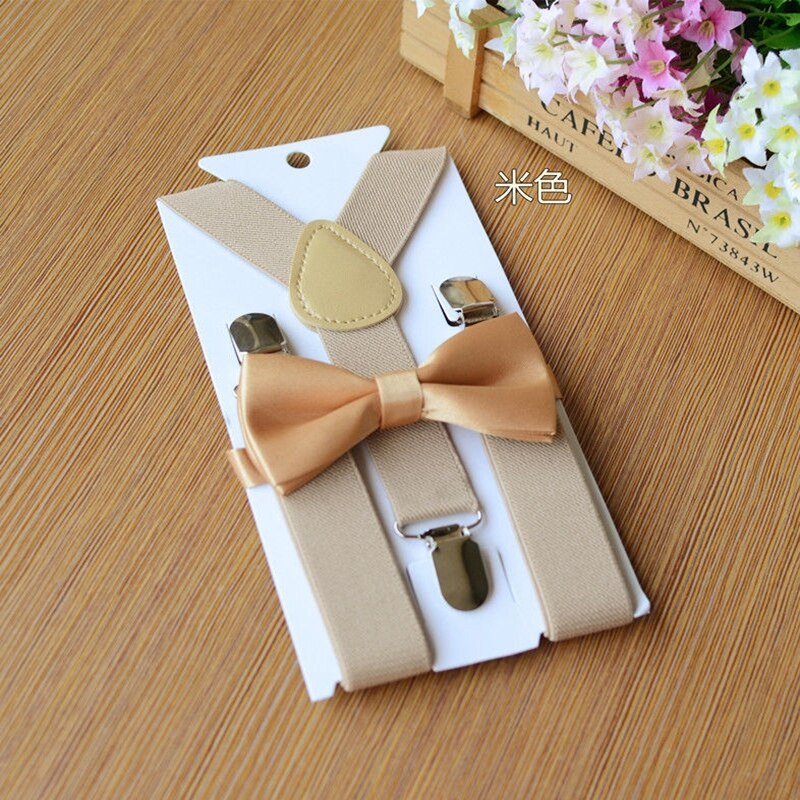 Adjustable and Elasticated Kids Suspenders With Bowtie Bow Tie Set Matching Ties Outfits For Girl Boys Clothes: Beige