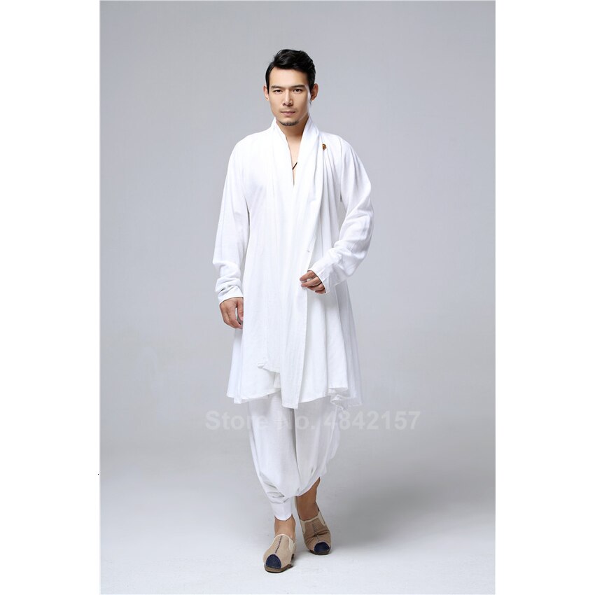 Løs stil plus størrelse mænd kinesiske traditionelle kostumer taichi uniform åndbar v-hals kung fu tang dragt mandlig linned kjole