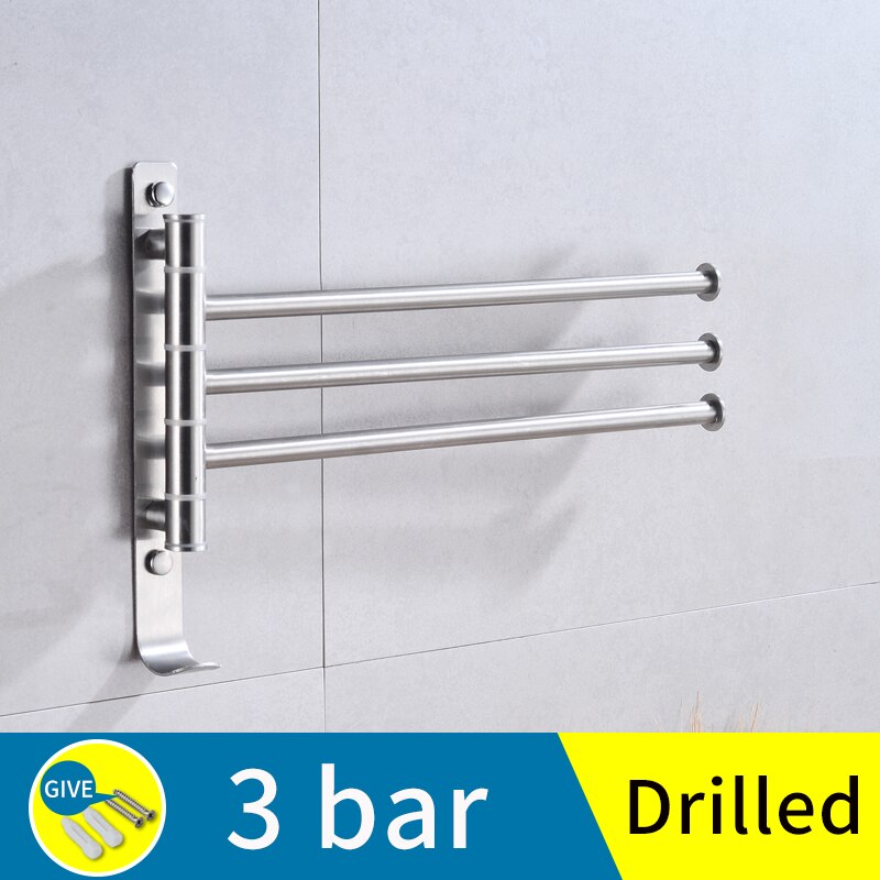 bathroom towel bar stainless steel hanging holder wall mounted glue paste rotating double towel holder rail hanger with hook: B-3bar(drilled)