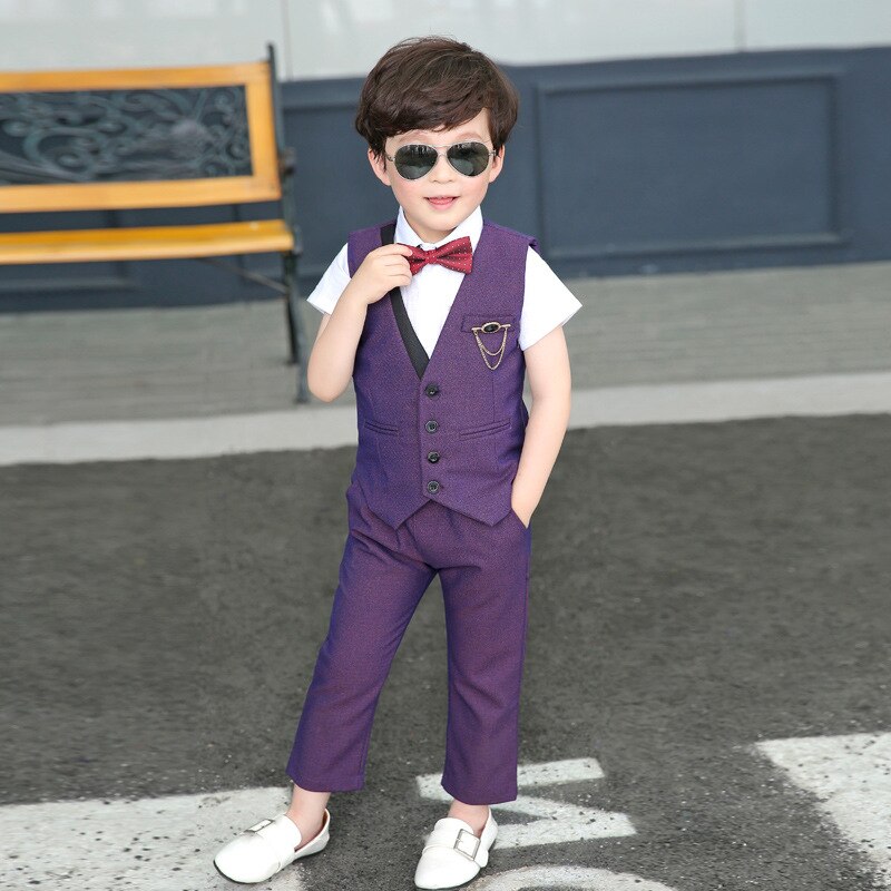 Bloemen Jongens Formele Pak Bruiloft Campus Student Jurk Gentleman Kinderen Jas Vest Broek Bowtie 4 Pcs Ceremonie Kostuums Kleding: Paars / 7T
