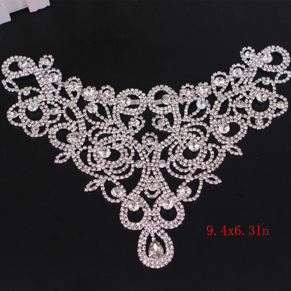 Luxury Handmade Neckline AB Rhinestone Applique Fancy Clothes Flower Applique for Wedding Dress Headband Garter Garment Jewelry: Silver 9.4X6.3In
