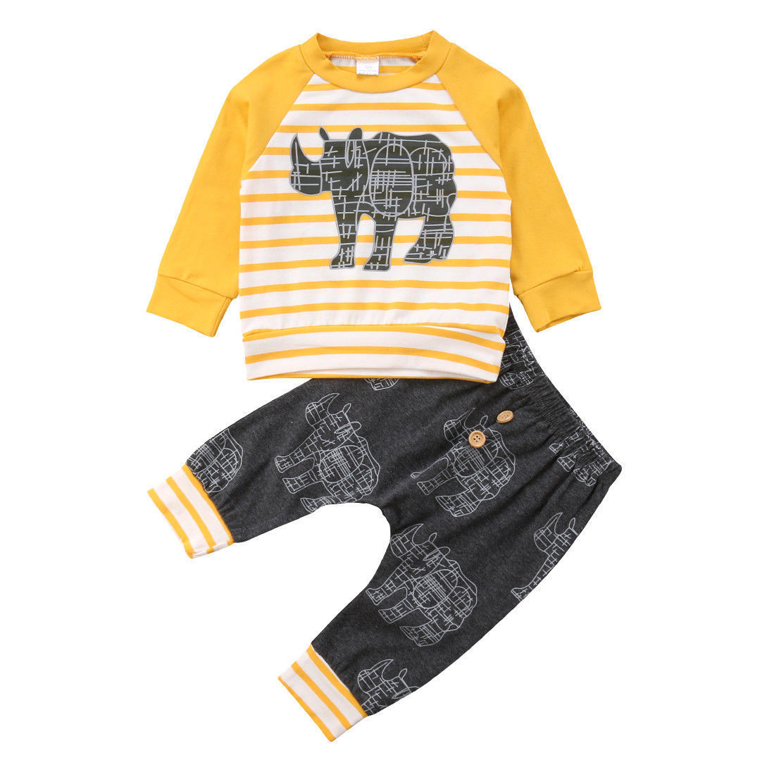 Børn baby drenge tøj næsehorn t-shirt toppe+bukser 2 stk outfits tøj