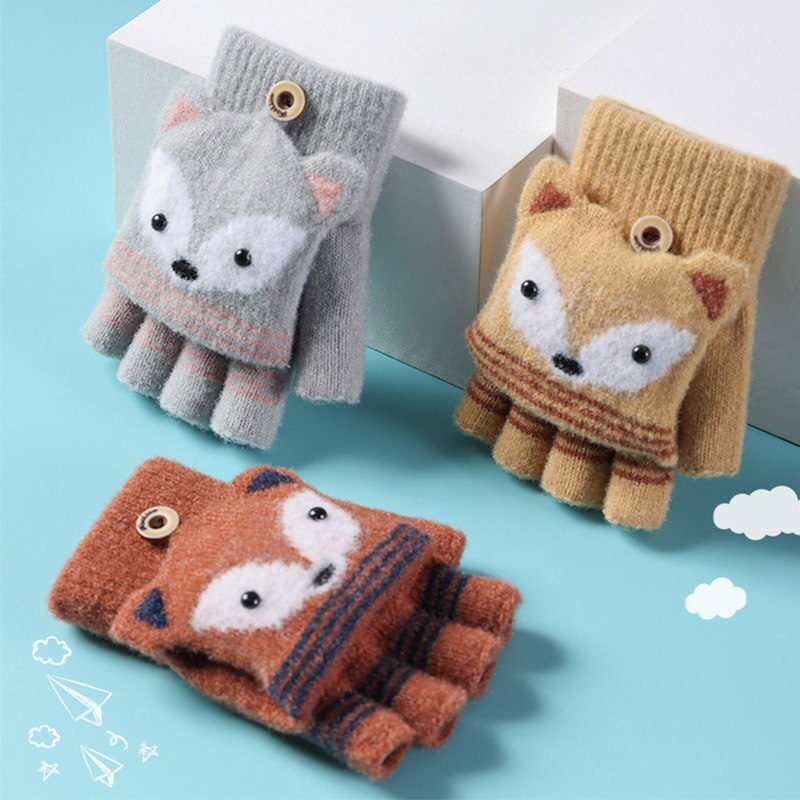 Leuke Cartoon Vos Kinderen Handschoenen Zachte Warme Gebreide Halve Vinger Jongens Meisjes Handschoenen Winter Outdoor Vijf Vingers Baby Handschoenen wanten