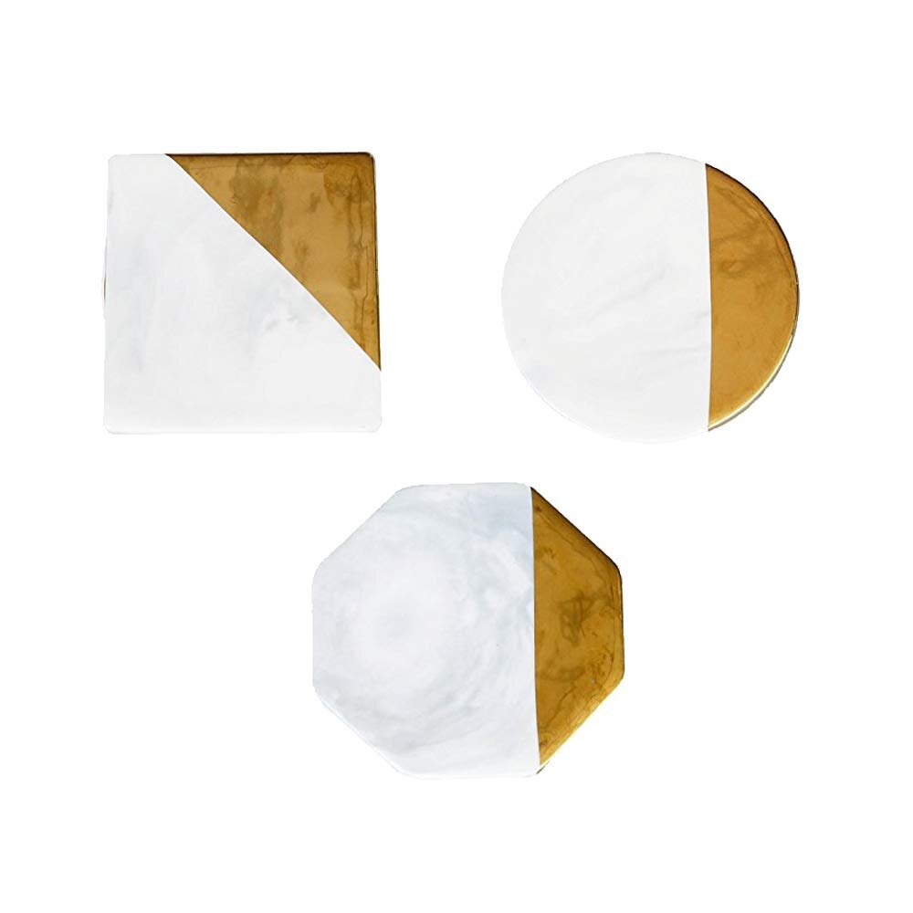 3 PCS Marble Stone Coasters Hexagon Round Square Drink Coasters Embellished with Gold Trim Set of 3: Default Title