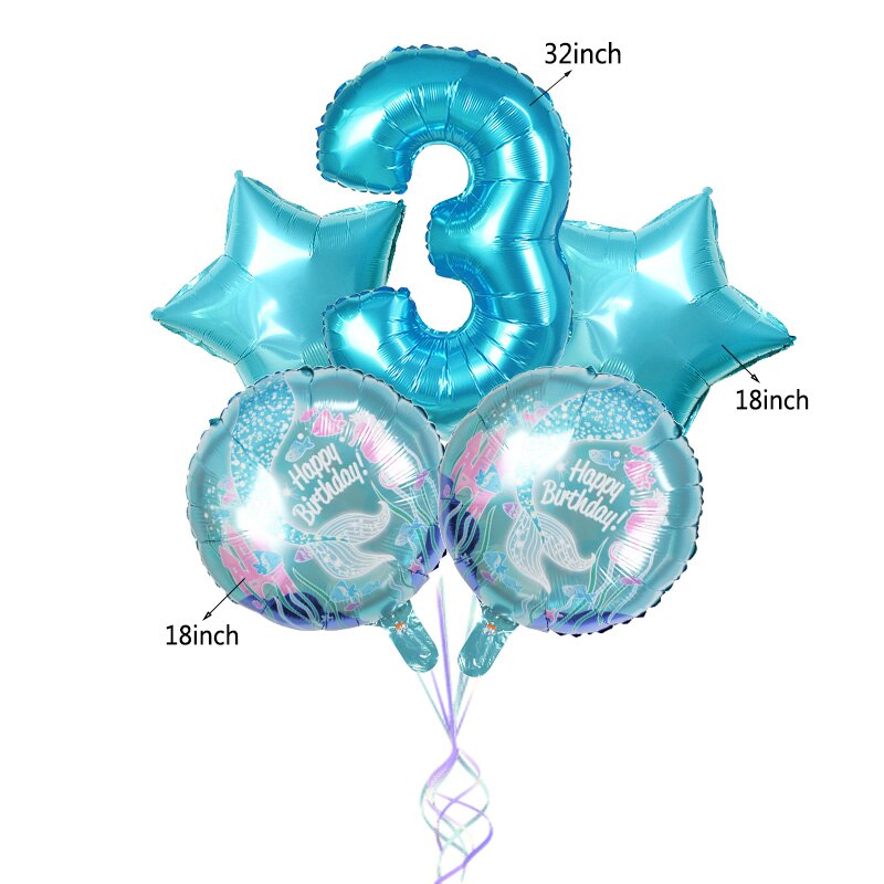 5Pcs Mermaid Theme Party Foil Balloons Little Mermaid Balloon Kids Birthday Party Decorations Mermaid Baby Shower Supplies