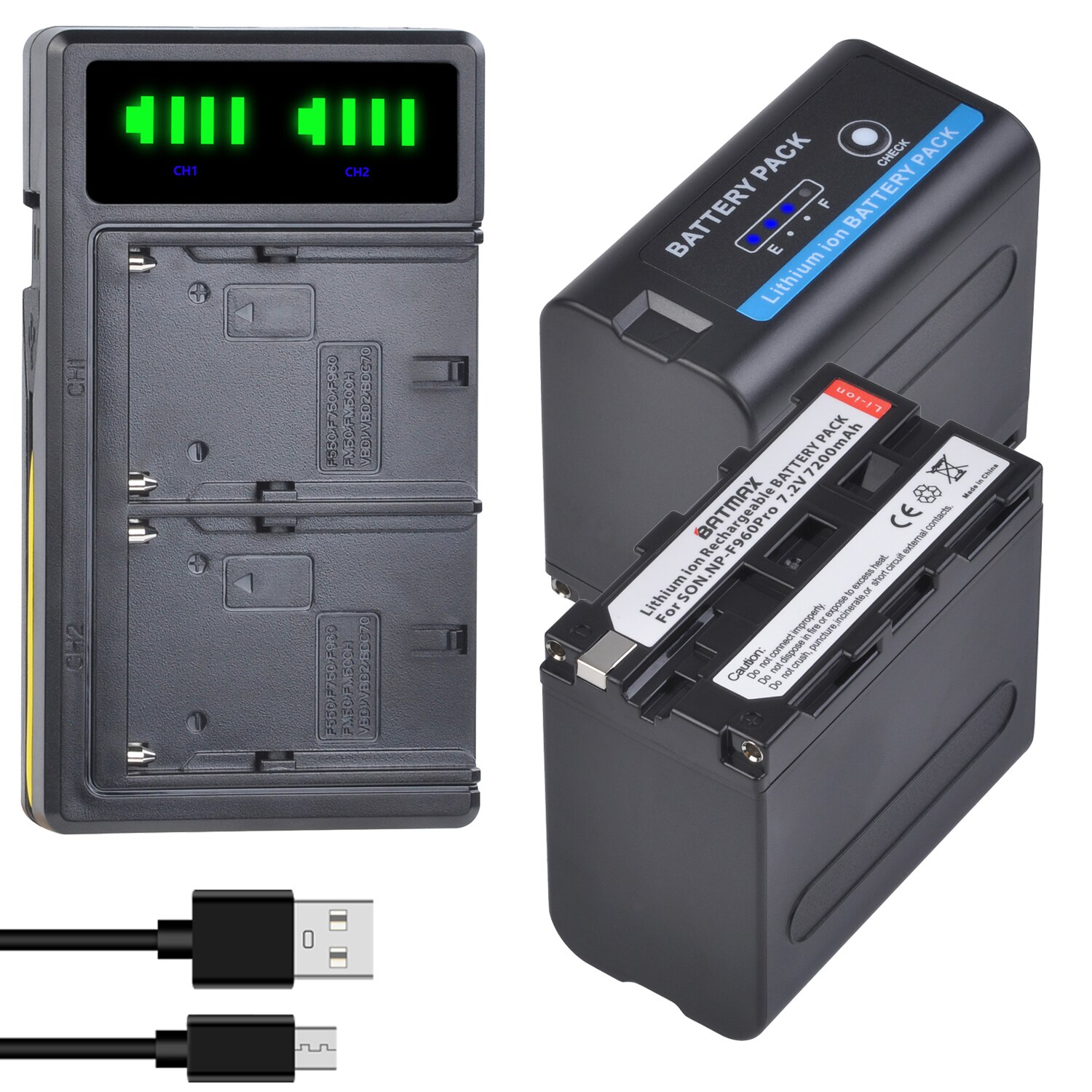 Batería con indicador de potencia para Sony NP F970, 7200mAh, NP-F960, Ultra rápido, LCD, cargador Dual, 2 uds., para NP F970, F960, F550, F570, QM91D: 2 Battery 1 Charger
