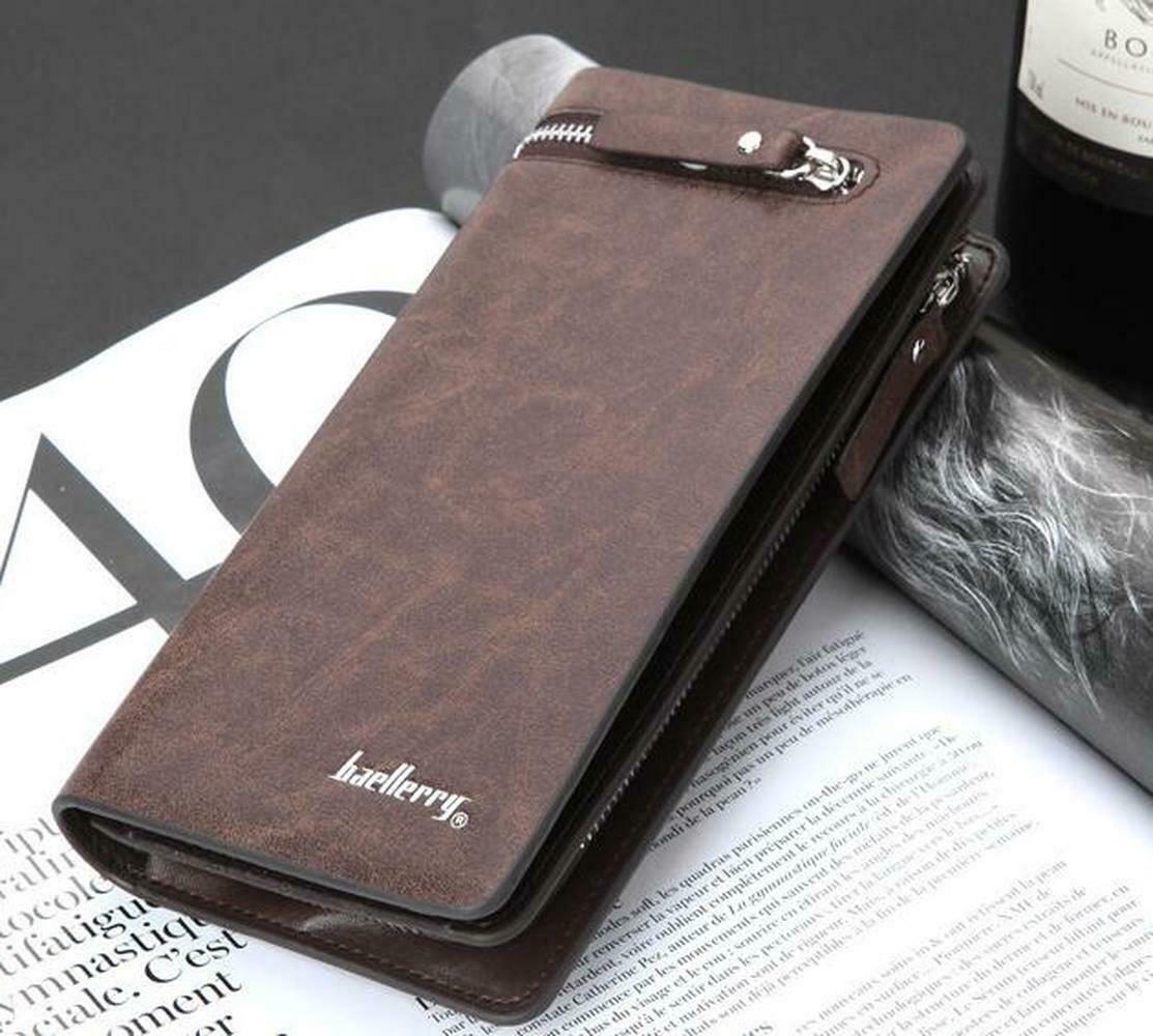 Men's Leather Wallet Zipper Long Clutch Wallets Classic Luxury Wallest Bifold ID Credit Card Holder Purse portefeuille portfel: Brown