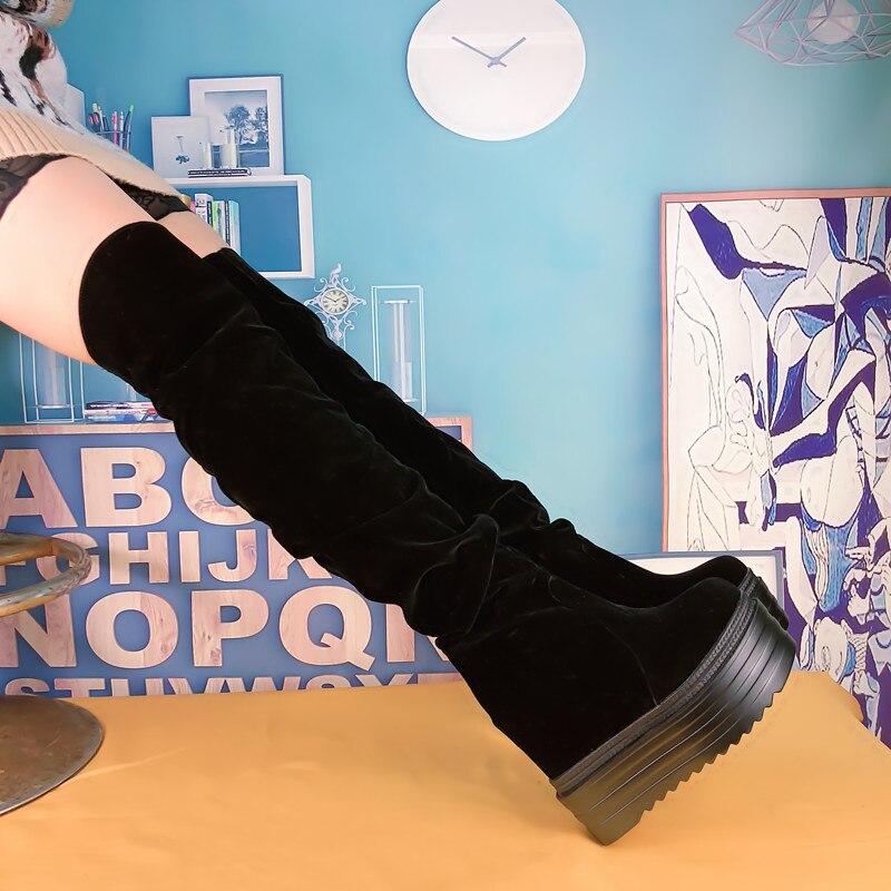 Lange laarzen dames kniehoog winter verborgen hak dunne been lange over de dij laarzen kniehoge wig hoge hak schoenen