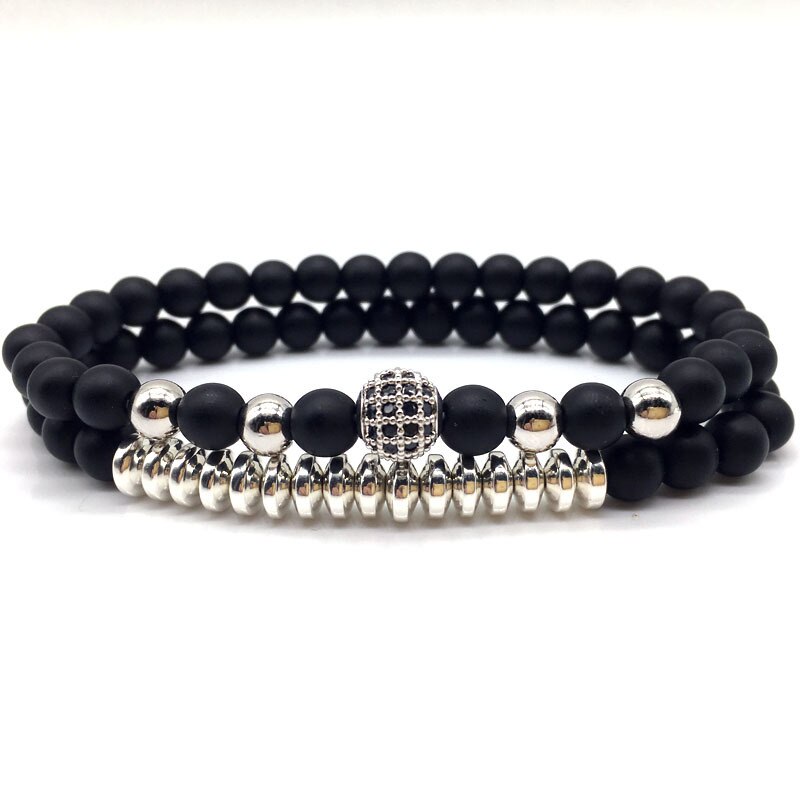 Mode 2 Stks/set Disco Armband Mannen Handgemaakte Pave Cz 6Mm Matte Bead Strand Armband Voor Mannen Sieraden: 1