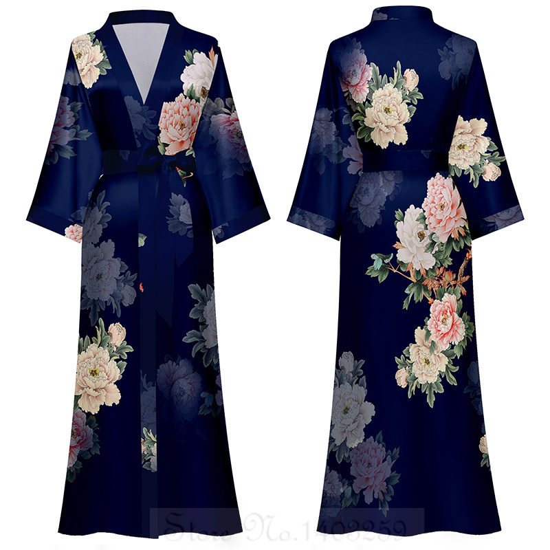 Peignoir kimono à manches mi-longues de style japonais pour femmes, robe longue femme, chemise de nuit, vêtements de nuit, satin imprimé fleuri, robe en span pour la maison