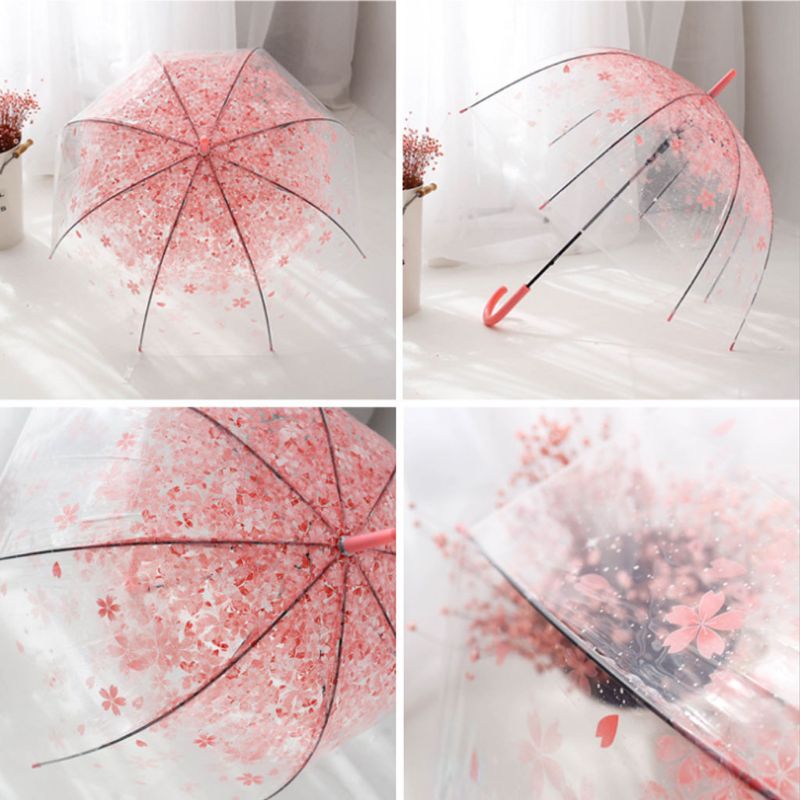 Romantisk gennemsigtig klar blomster boble kuppel paraply halv automatisk til vind kraftig regn