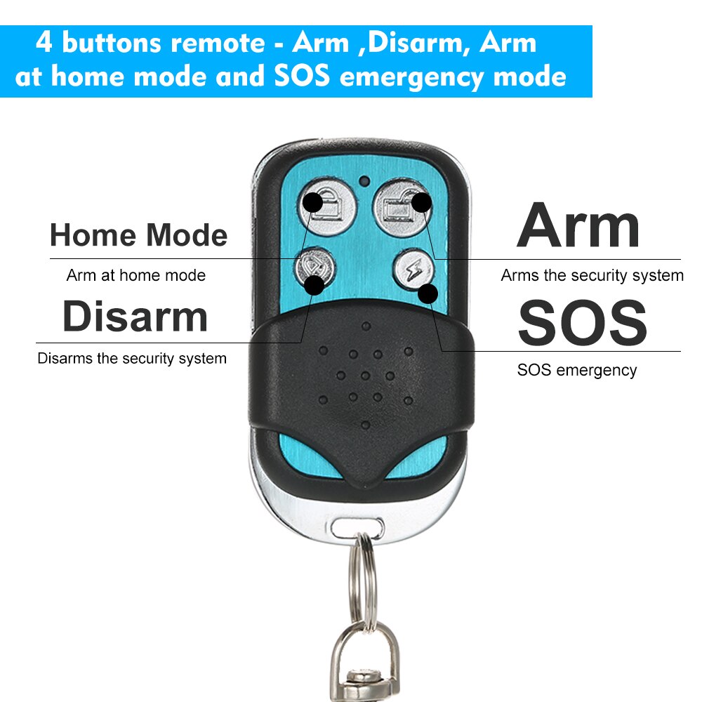 433MHz Wireless Metal Remote Controller with Keychain with Arm/Disarm/Home Arm/SOS 4 Buttons Remote Control Alarm System