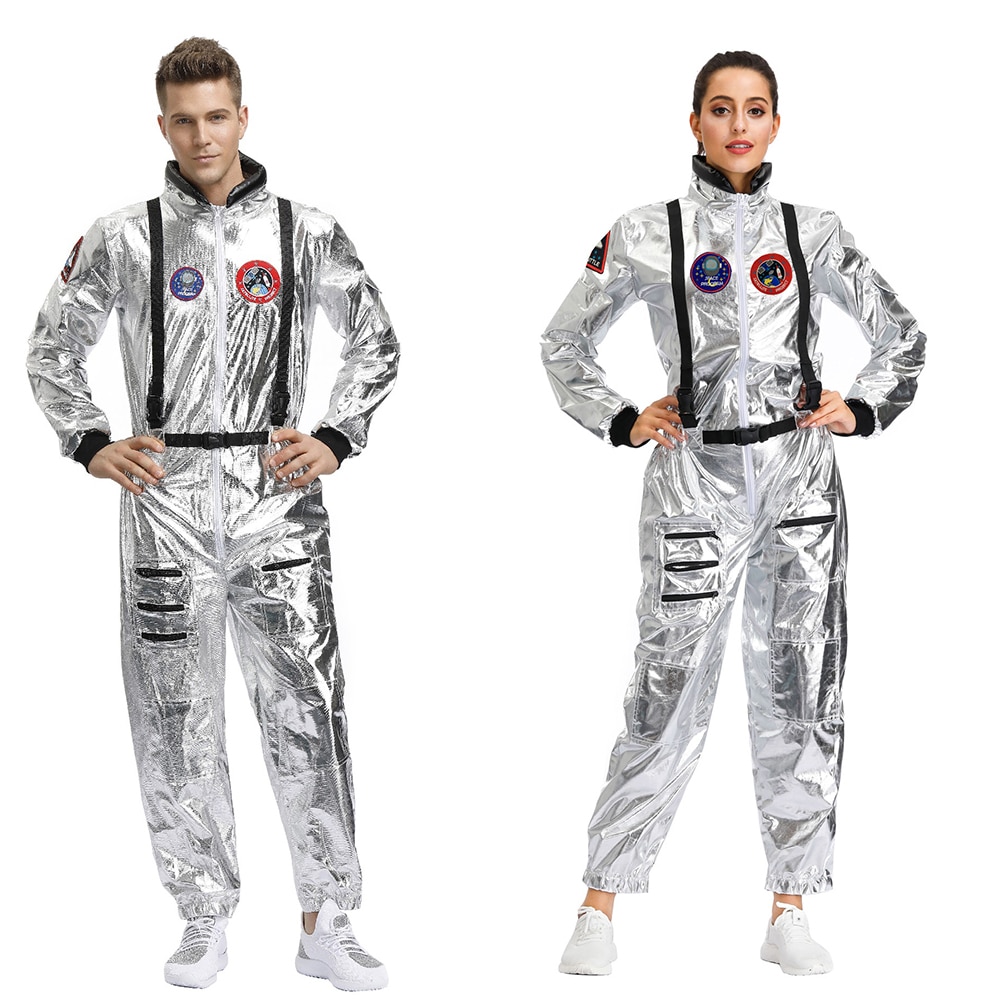 Plus size astronaut utomjordisk rymdman kostym vuxen kvinnor silver pilot outfit halloween dräkt i ett stycke jumpsuit