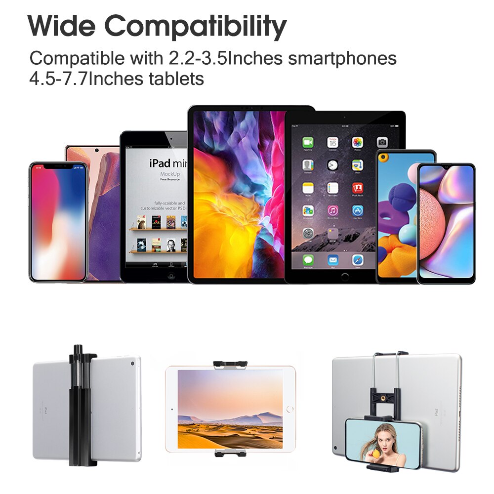 Universal Tablet Holder Tripod Mount Clamp Adapter Compatible with Phone/iPad Pro/Air/ Mini with Cold Shoe For Microphone