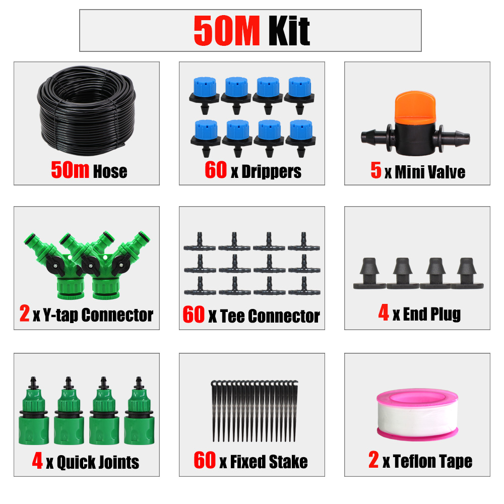 RBCFHl 1/4'' Blue Adjustable Drip Irrigation Nozzle Watering System Stop to Large Water Garden Patio Micro Kits: 50m