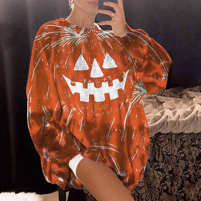 2021 bluzy z nadrukiem sweter kreskówka halloweenowa twarz ducha wycięcie pod szyją kolor dyniowy luźna bluza na codzienny jesień zima N66: XXL / Black