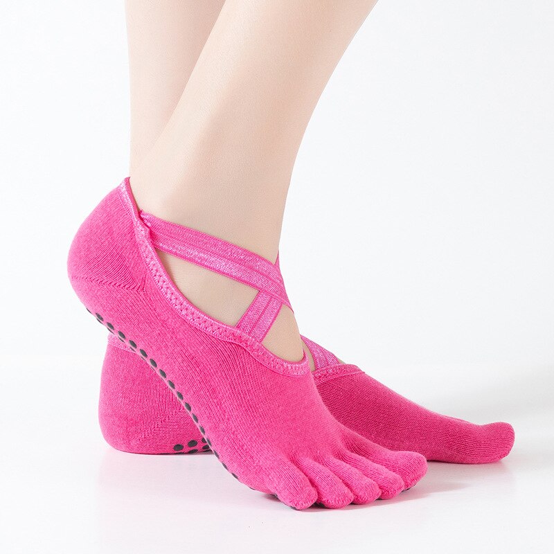 Sokker med fingre skridsikre yogasokker fitness sportsokker til yoga dansestrømper beskyttelse fødder rygløse solide bomuldssokker: Rose
