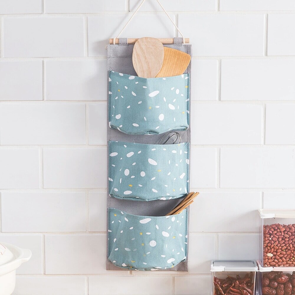 Cotton Linen 3 Pockets Hanging Storage Bag Door Back Wall Bedside Cabinet Grocery Hanging Organizers 