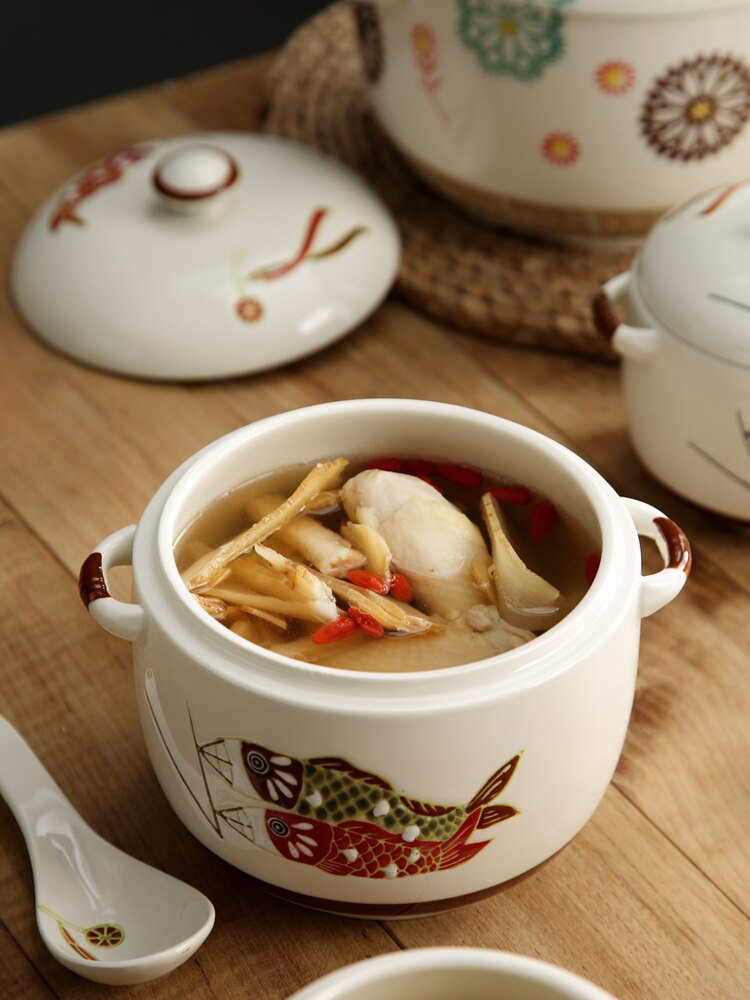 Japanese Hand-painted Ceramic Stew Pot With Lid Spoon Fish Flower Pattern 1L Soup Pot Household Dessert Tank