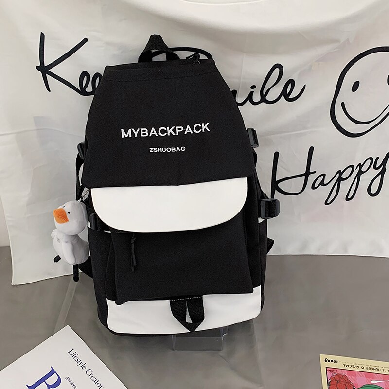 Large Capacity Waterproof Nylon Backpacks Unisex Multi-pocket Travel Bag College Schoolbags for Men and Women Kawaii Backpack: Black / with Pendant