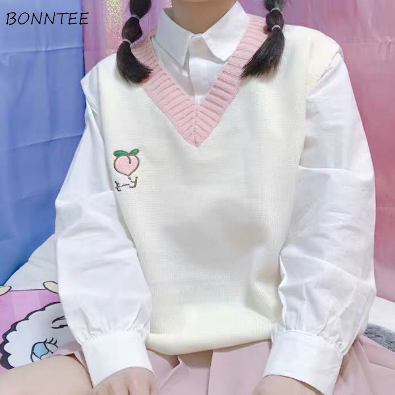 Camisola colete feminino sem mangas decote em v kawaii impresso tricô sólido lazer doce bonito estudantes escola streetwear roupas das mulheres
