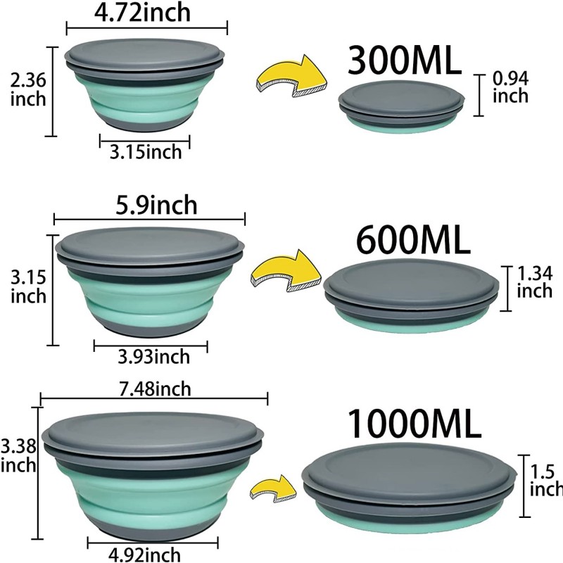 3 unids/set cuenco de Camping plegable de silicona, fiambrera, ensaladera, tapa, contenedor de almacenamiento de alimentos expandible, caja Bento
