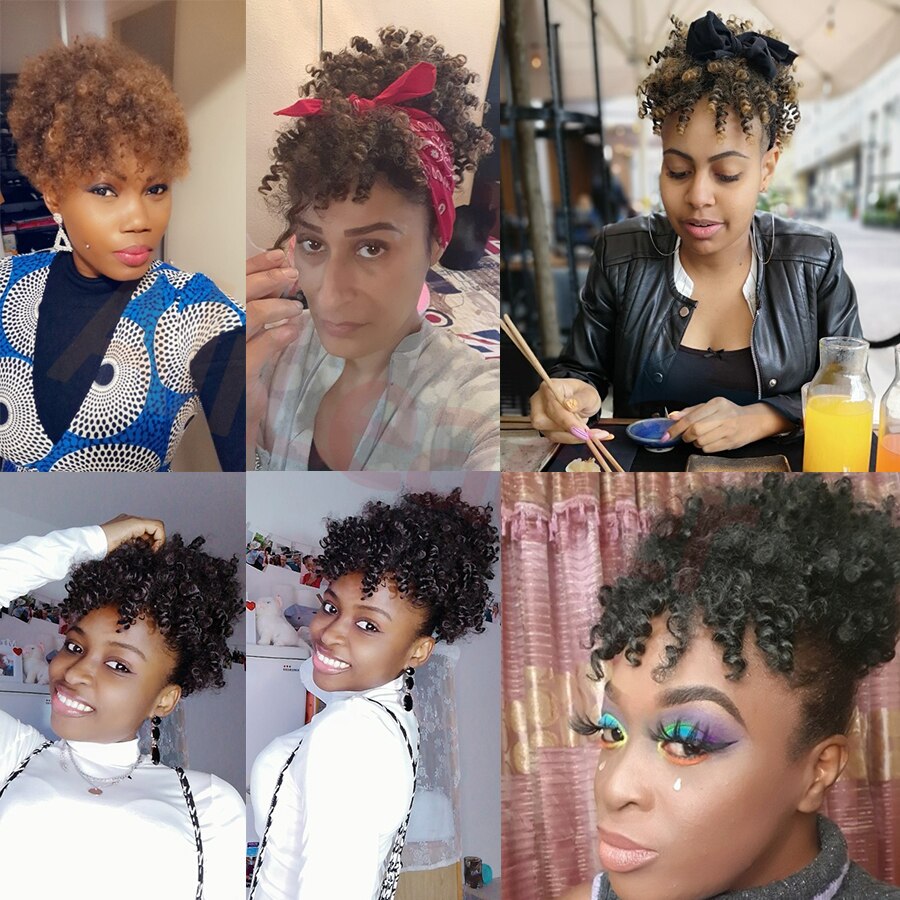 Leeons Kinky Curly Hair Bangs High Puff Ponytail Synthetic Hair Extensions African American Hair Ponytail With Bangs 11 Colors
