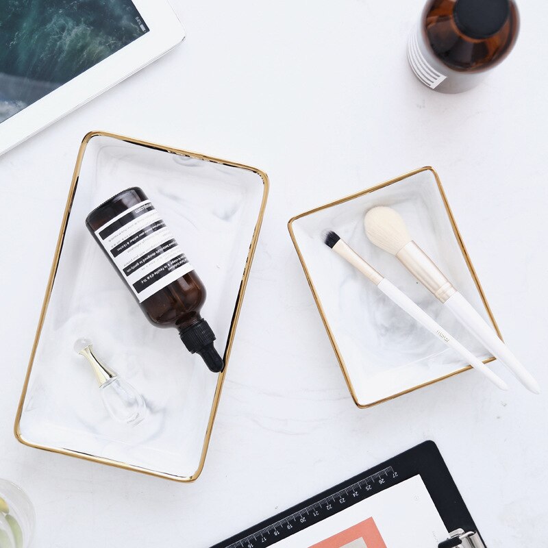 Nordisk stil marmor guld opbevaringsbakke keramisk smykkebakke desktop inkluderet fotografi rekvisitter badeværelse kommode plade affaldsbakke