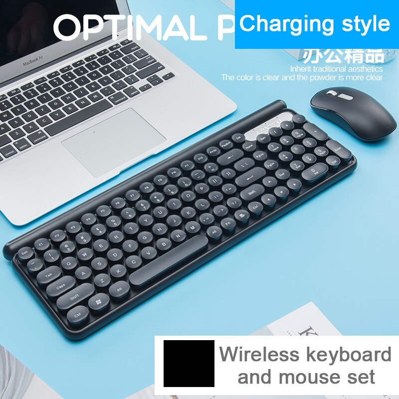 Smart Sleep Rechargeable Wireless Mouse and Keyboard Set Silent Mouse Battery Keyboard Round Keys Keyboard PC Computer Keyboards: Charging style Black