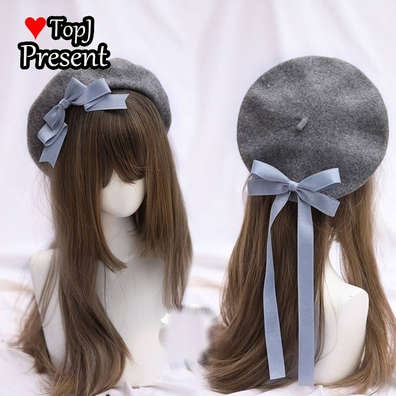 Boina japonesa de cinta Lolita, gorra de pintor desmontable multicolor, con lazo, hecha a mano: Gray and blue