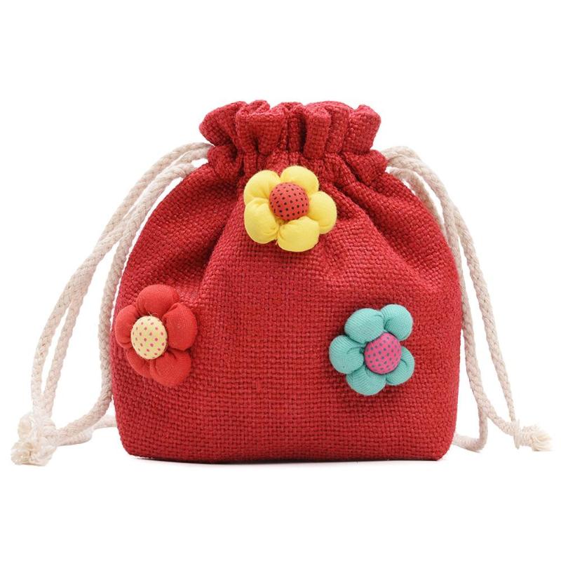 Søde børn blomsterdekoration skulder messenger håndtasker børn piger små linned snøre crossbody bucket tasker fødselsdag: Rød