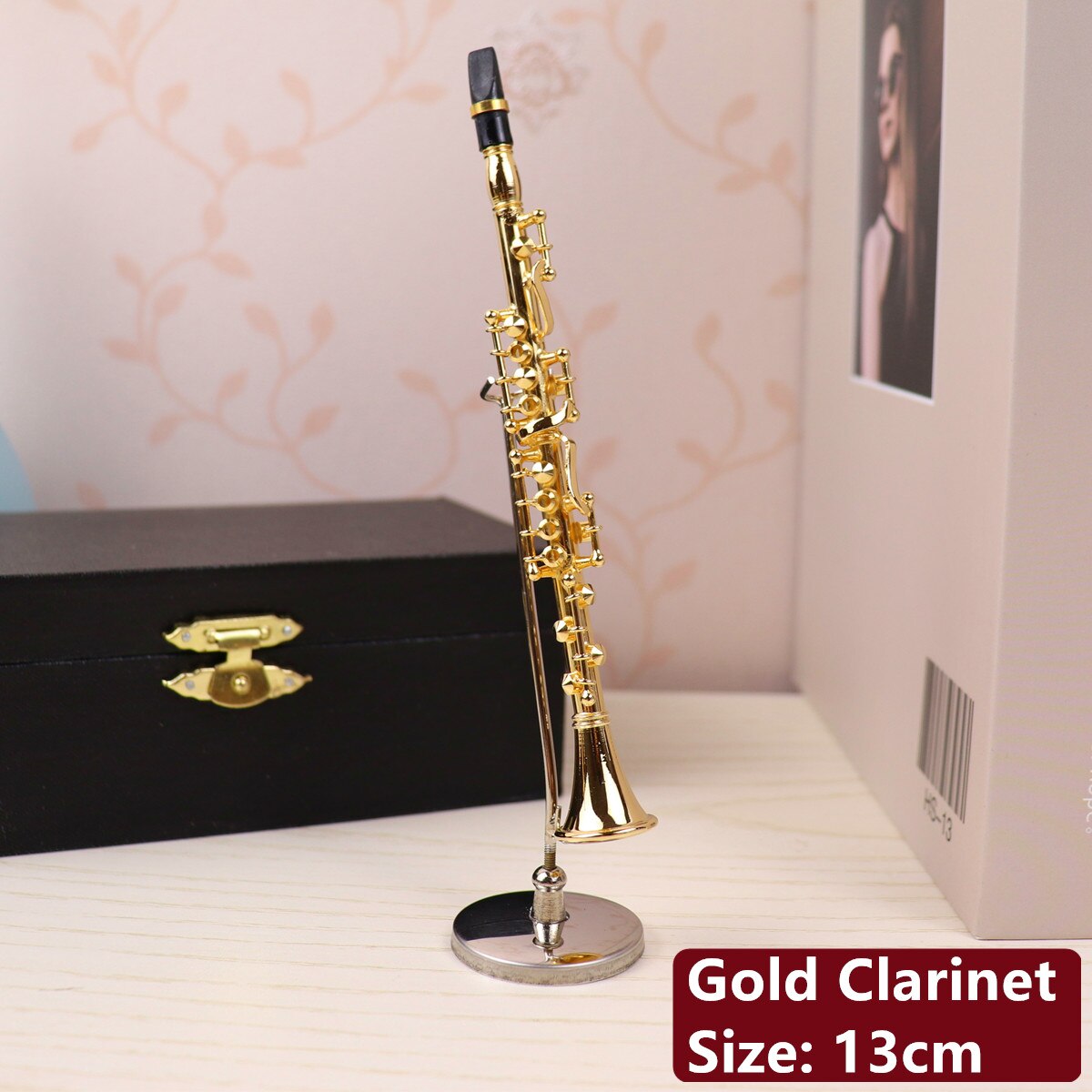 Dh Miniature Flute Clarinet Saxophone Trumpet Trombone French Horn Model Mini Musical Instrument Ornaments and Decoration: Gold Clarinet-13cm