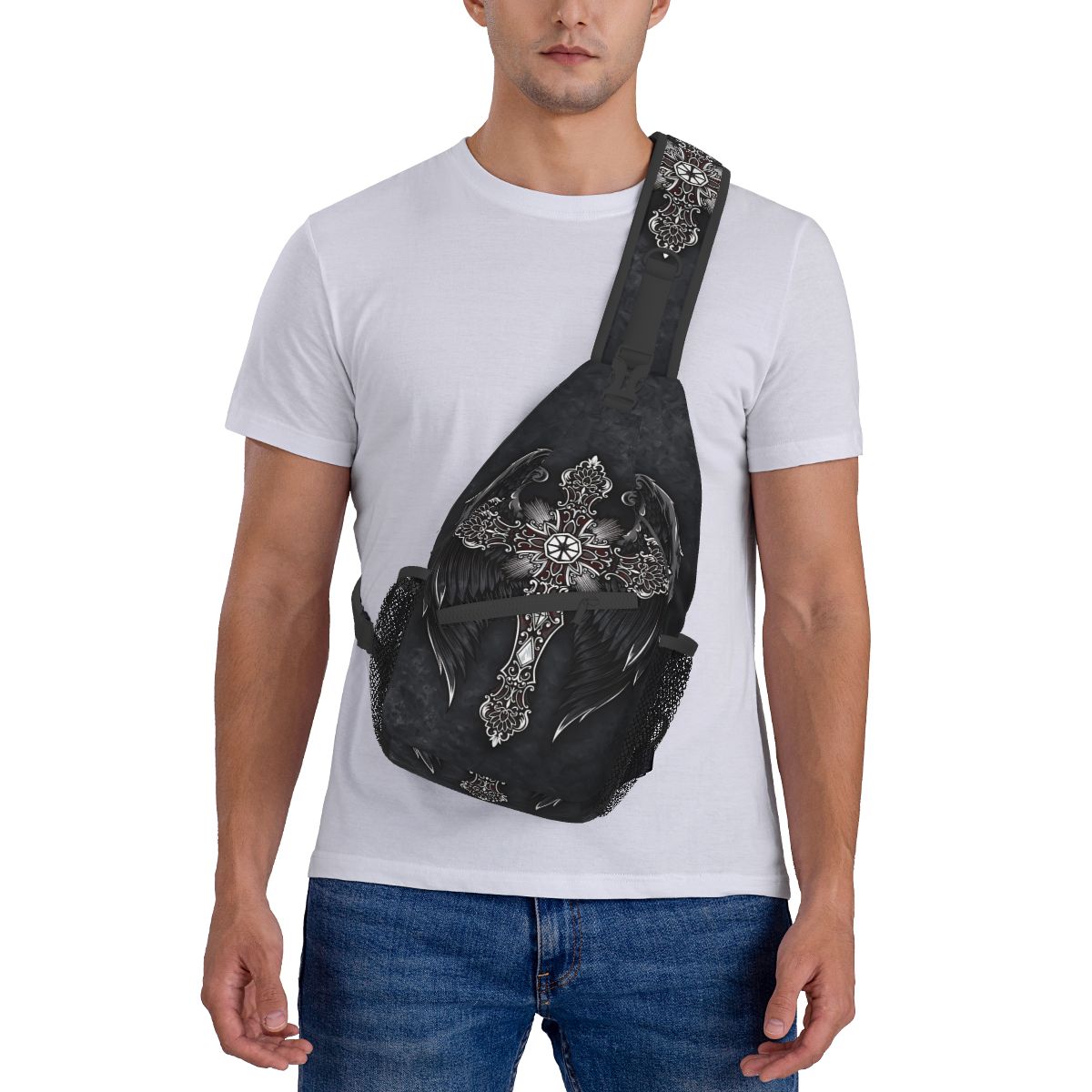 Kreuz Kreuzigung Umhängetasche Sport Kreuz mit schwarzen Flügeln Brusttasche unisex Frauen Mann Schulter Rucksäcke reisen