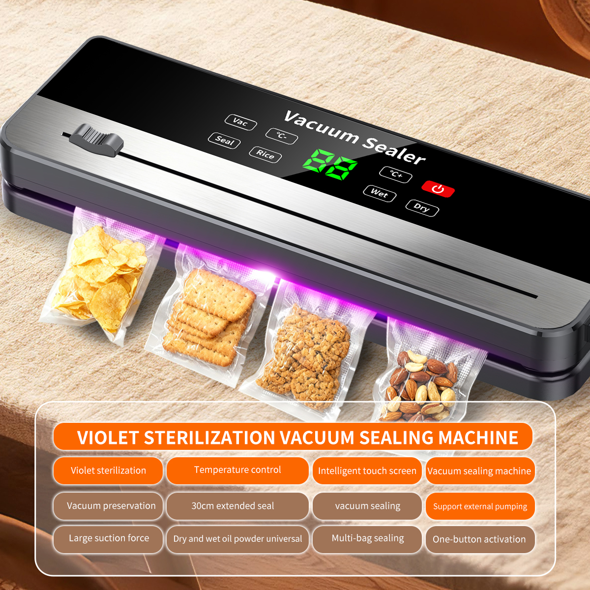 Draadloze draagbare vacuümverpakkingsmachine voor voedsel met aftelweergave, multi-pack vacuüm, waterdichte touchknoppen 825