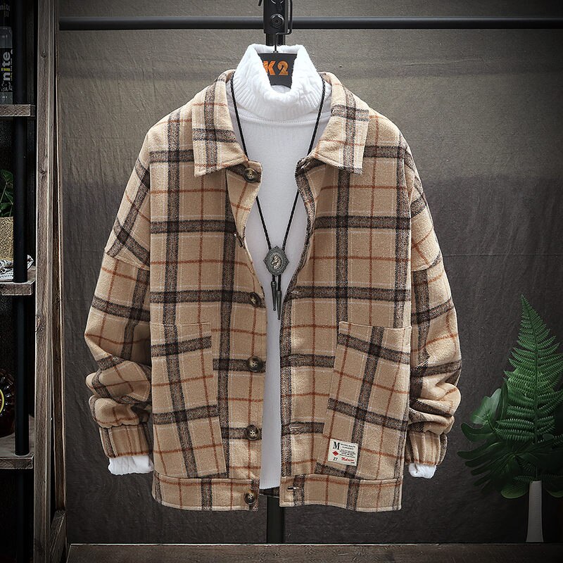 Singleroad yllejacka herr vår retro vintage casual ull rutig kappa manlig rockar jackor koreanska streetwear man: Khaki kappa / Asiatisk-xxxl