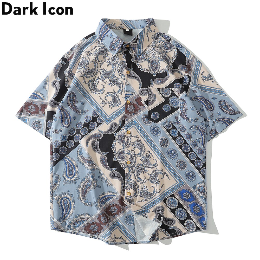 Mørkt ikon fuld printet hawaiiansk skjorte mænd turn-down krave herreskjorte sommer mand tøj