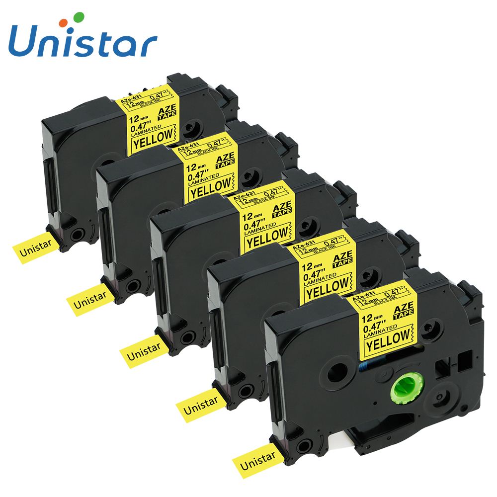 Unistar 5 Pcs Tze 231 TZ231 Compatibel Brother P-Touch Tze Tape 12 Mm Combo Set TZe231 431 531 631 741 Multi Kleuren Label Maker: Black on Yellow 5pcs