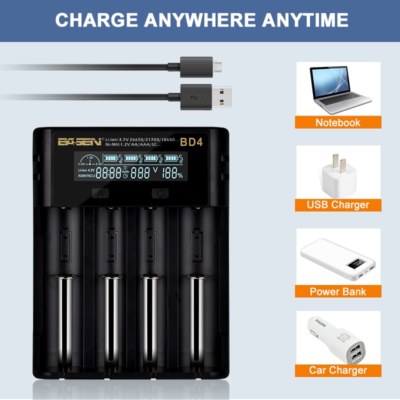 BASEN BD4 18650 Battery Charger for 3.7V/1.2V 26650 21700 AA/AAA 18650 NiMH li-ion battery Smart Charger with 5V/2A Plug