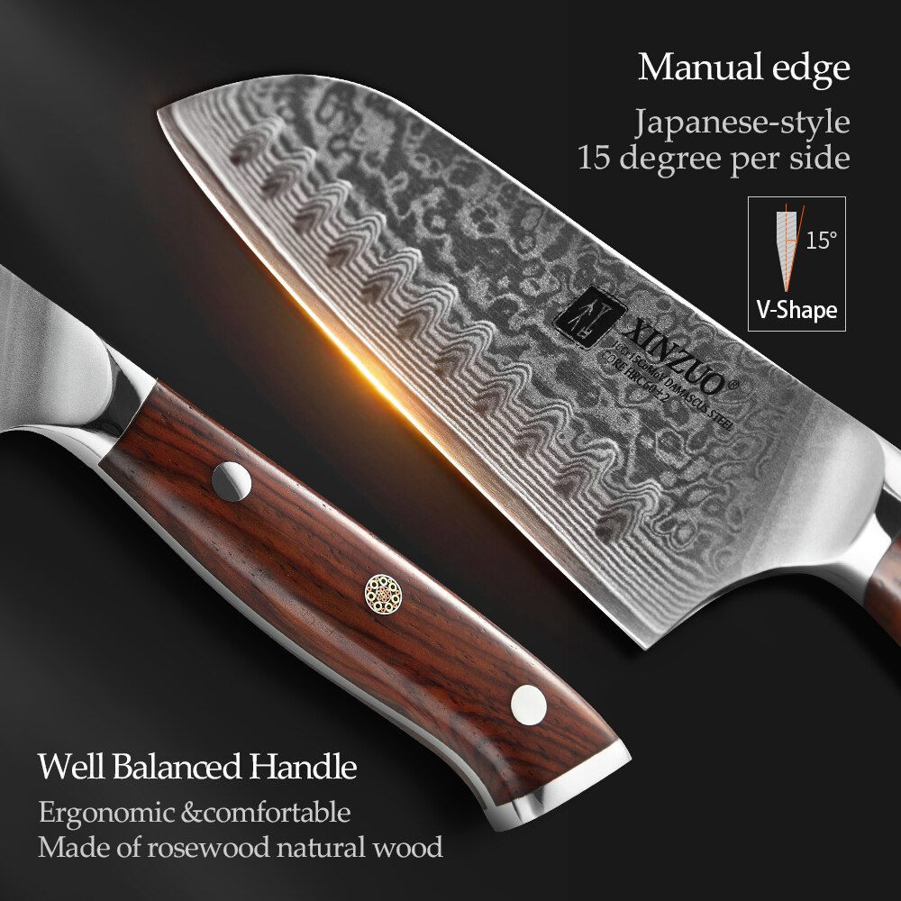 XINZUO couteau Santoku 5 pouces, couteau de cuisine en acier damas nouveaux couteaux professionnels avec manche en bois de rose