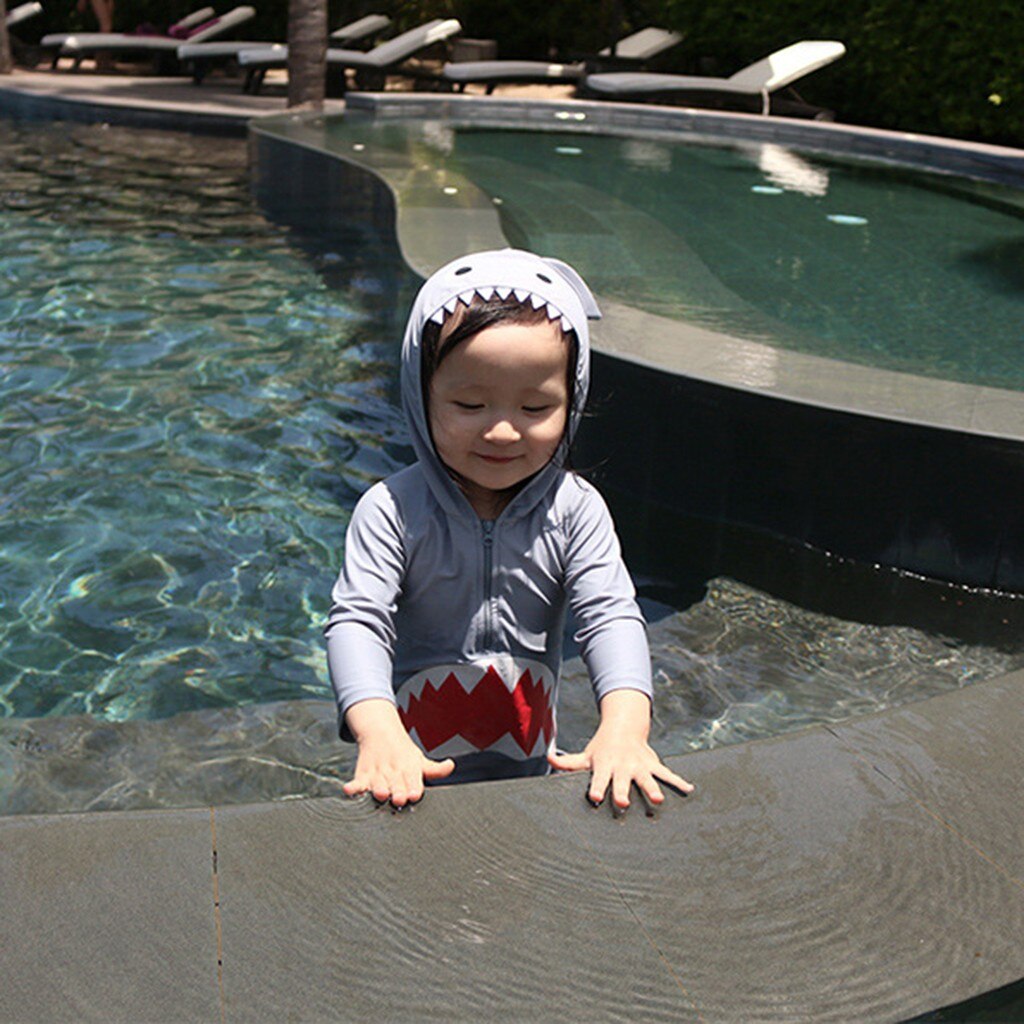 Kinderen Badmode Kids Lange Mouw Cartoon Haai Hooded Strand Een Stuk Badpak Kinderen Beachwear Sport Zwemmen Pak T9 #