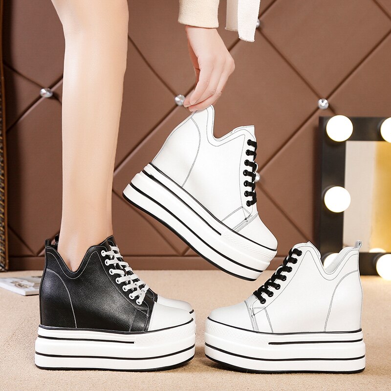 Herfst Hoge Platform Sneakers 9Cm Hoge Hakken Vrouwen Dikke Zool Enkellaarsjes Leather Wedge Winter Casual Schoenen Witte Laarzen maat 40