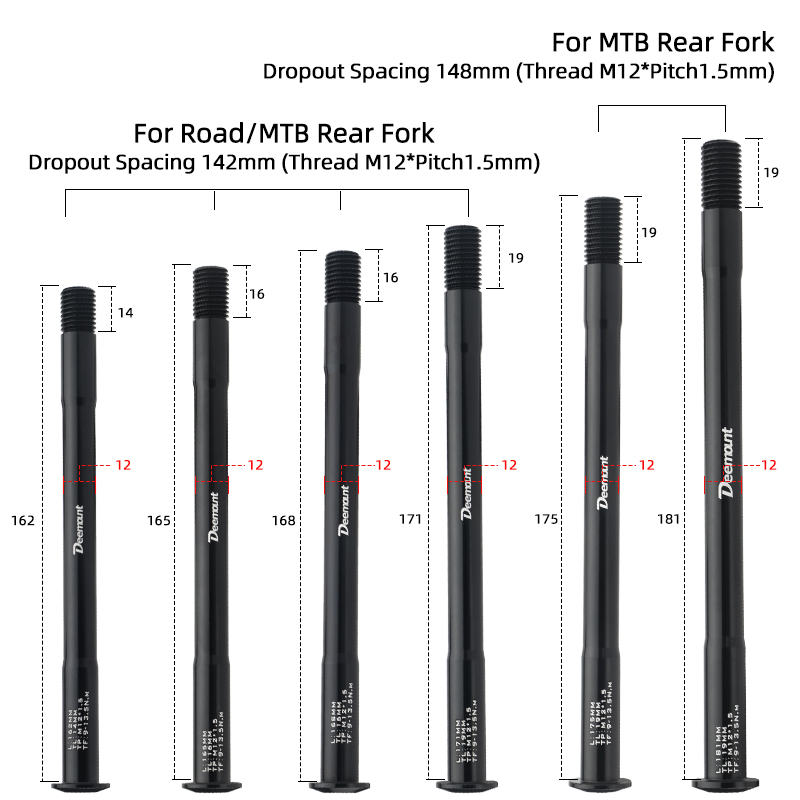 Lightweight Thru Axles M12*P1.5 L120-181mm for Bike Front Rear Fork Dropout Spacing 100/142/148mm CNC-machined Hub Through Shaft