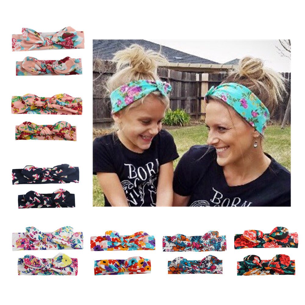 2PCS Mom &amp; Baby Headwear Bowknot Elastic HeadBands for Women Children Turban Baby HeadBands Hair Accessories Family Headbands