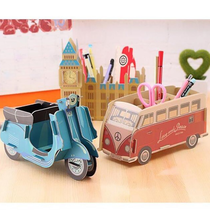 Diy pap penholder skrivebord blyant opbevaring container hjemmekontor dekoration-klaver, blå lokomotiv, rød bus, big ben, bus