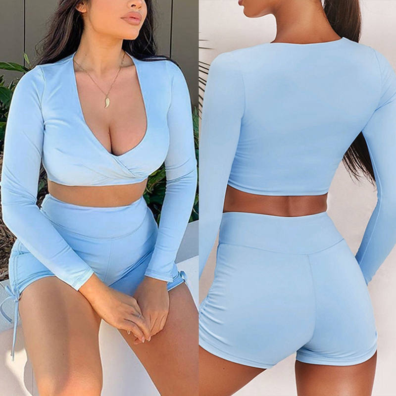 Vrouwen Yoga Sport Lange Mouwen Casual 2 Stuk Set Vrouwelijke Blauw