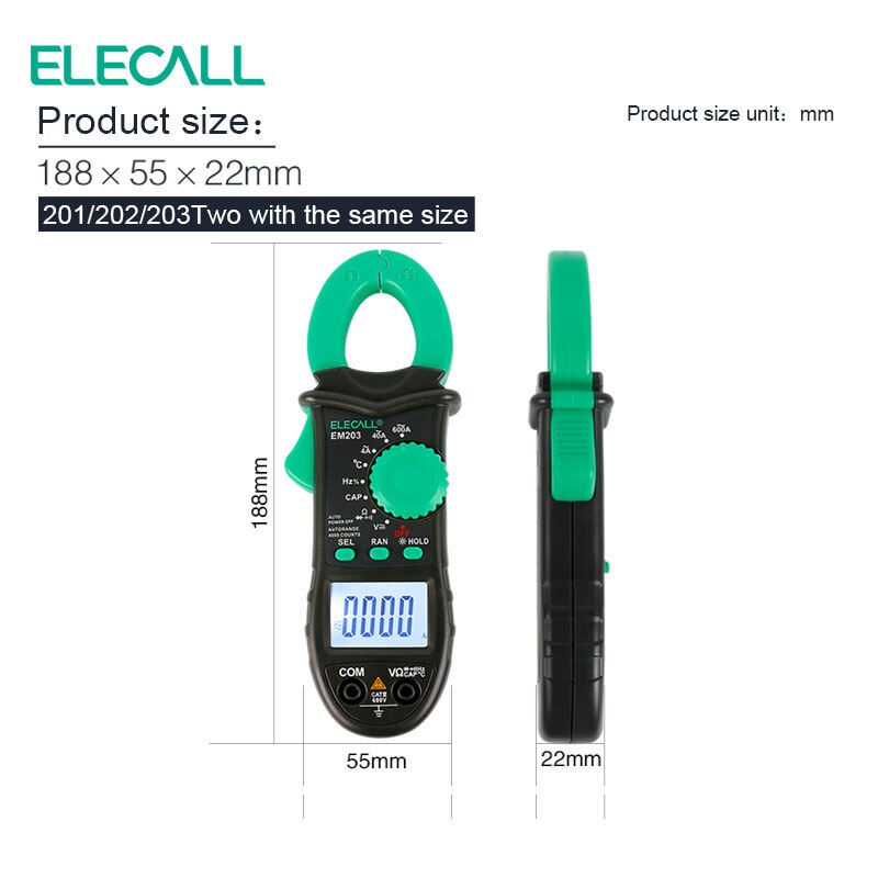 ELECALL EM203 4000 Count AC/DC Voltage Current Digital Clamp Meter With Resistance Capacitance Frequency Temperature